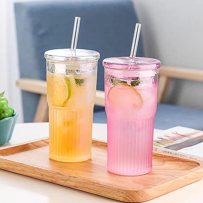 Glass Coffee Cups with Lids and Straws, 20 OZ Pink Iced Water Glasses Tumblers for Ice Juice, Tea, Milk, Smoothie and Cold or Hot Drinks, Set of 2