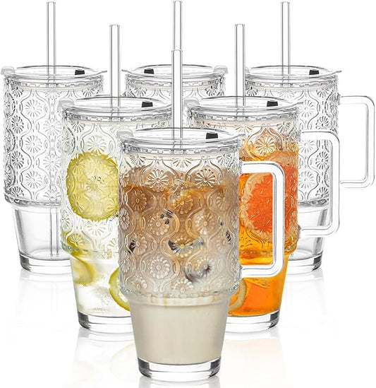 KEMORELA 6-Pack 24oz Glass Tumblers with Straws & Lids, Begonia Floral Iced Coffee Cups with Handles, Reusable Smoothie Glasses, Dishwasher Safe Cold Drinkware Set, BPA-Free Straws Included