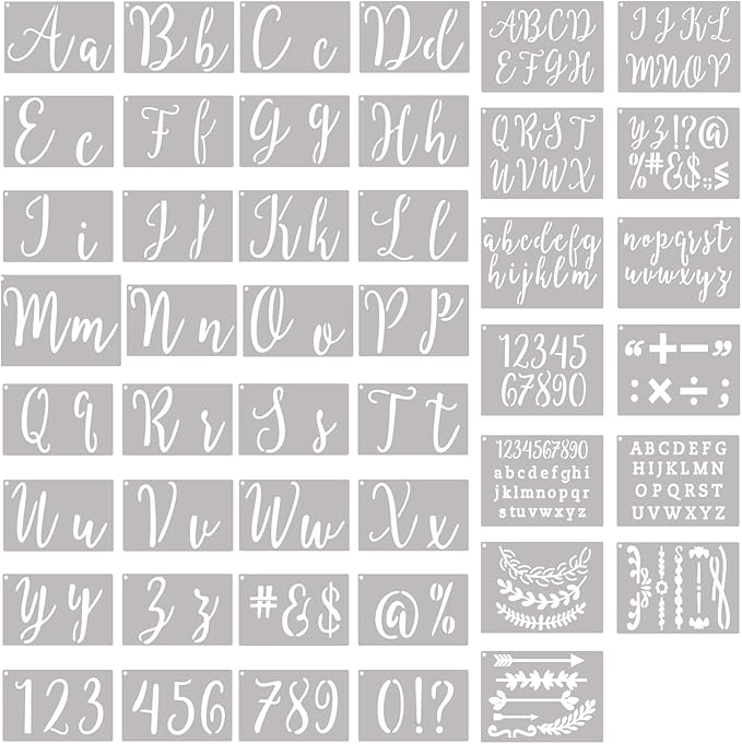 Stencils for Painting, 45 Pack, 4 Inch and 2 Inch Letter Stencils and Numbers, Symbols and Signs, Alphabet Stencils. Reusable Calligraphy Letter Stencils for Arts Crafts Painting Wood