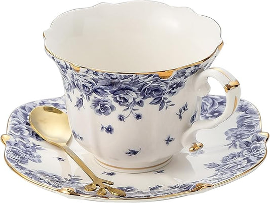 TATSUMI Country Roses Bone China Tea Cup and Saucer Set, 3 Pieces, Vintage Style, For Women and Tea Parties（sky blue，1 set）
