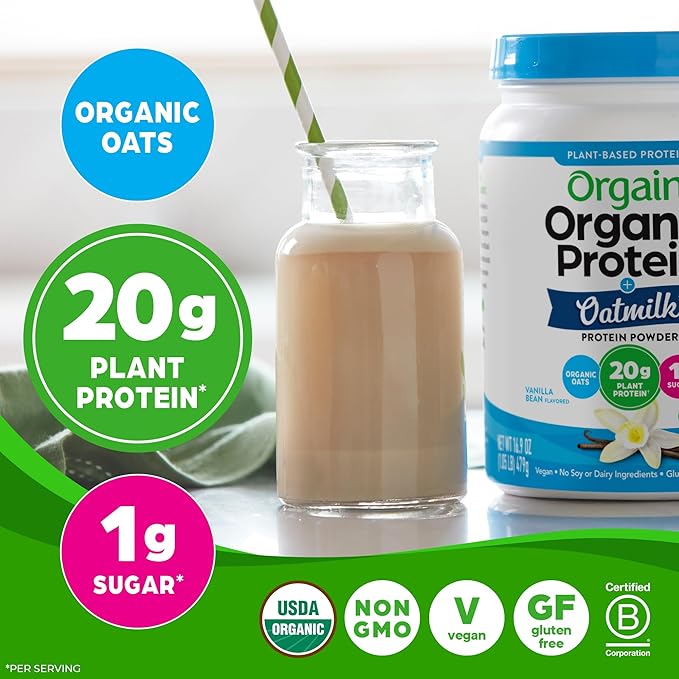 Orgain Organic Vegan Protein Powder + Oat Milk, Vanilla Bean - 20g Plant Based Protein, Gluten Free, No Dairy, Soy or Lactose Ingredients, Low Sugar, Non-GMO, Kosher, For Shakes & Smoothies - 1.05lb