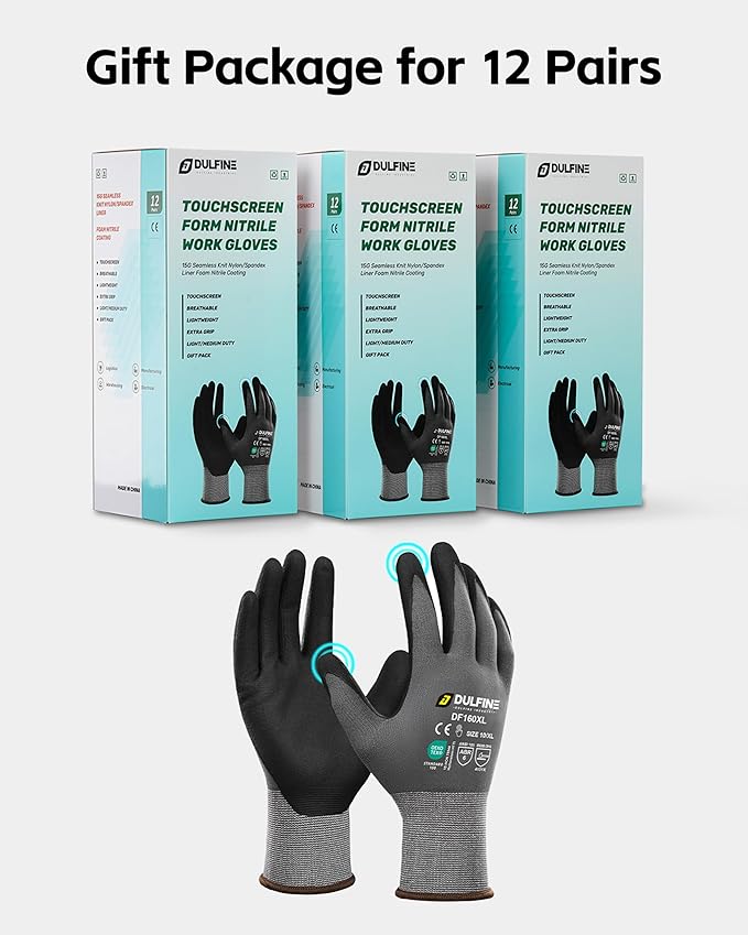 Safety Work Gloves MicroFoam Nitrile Coated-12 Pairs Pack,Blue Seamless Knit Nylon Glove with Black Micro-Foam Nitrile Grip,Ideal for General Purpose,Automotive,Home Improvement,Painting(XX-Large)
