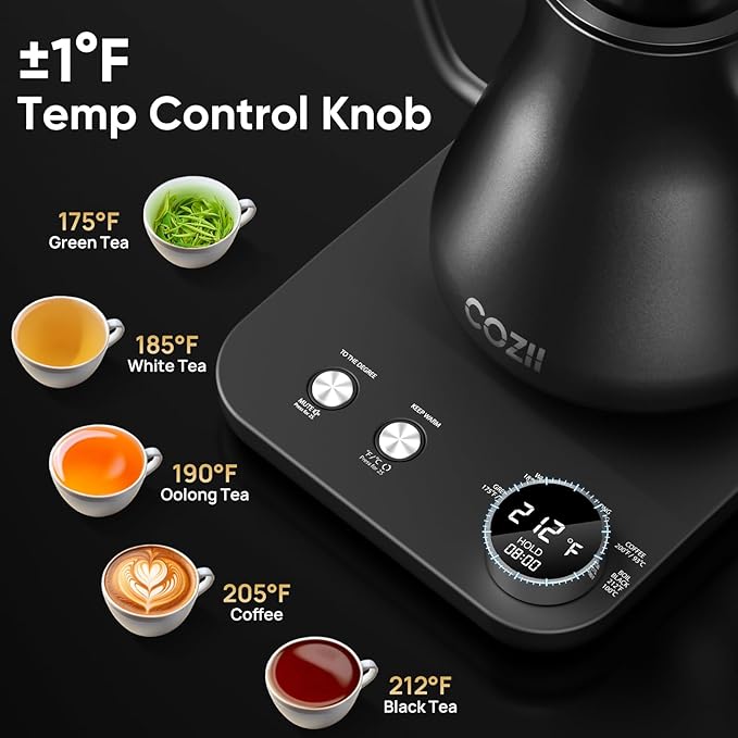 COZII Gooseneck Electric Kettle, 5 Presets & ±1℉ Temperature Control 1200W Quick Heating Water Boiler for Coffee/Tea, 24H Keep Warm, Auto Shut Off Pour Over Kettle with 50pcs Coffee Filter,0.9L Black