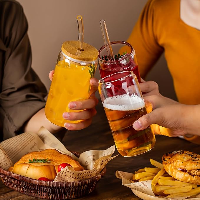 16 Oz Drinking Glasses with Bamboo Lids and Glass Straw - 6 Pcs Glass Cups Beer Ice Coffee Glasses Cute Aesthetic Cup Great for Coffee Bar Accessories Include 2 Cleaning Brushes