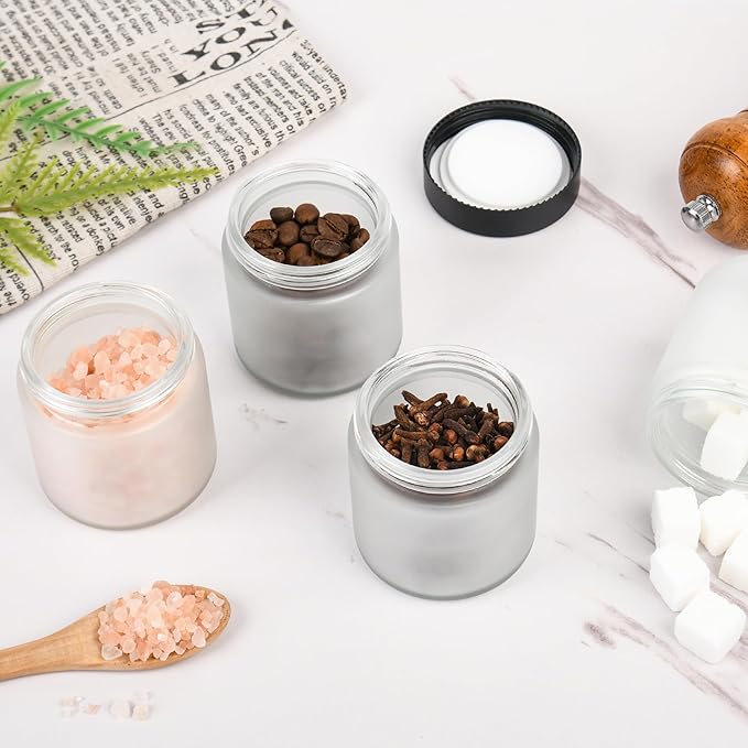 Glass Jars with Lids,Eco-Friendly Cosmetic Containers with Airtight Black Lids & Liners, Multi-Color Options for Cream, Lotion, Body Butter, DIY Skincare Travel Jars (Clear Frosted, 4oz)