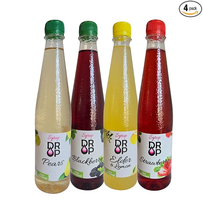 DROP Natural Fruit Syrup Flavors Variety Pack for Drinks & Desserts 500ml / 16.9floz Bottles (Pack of 4)