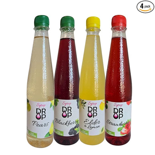 DROP Natural Fruit Syrup Flavors Variety Pack for Drinks & Desserts 500ml / 16.9floz Bottles (Pack of 4)