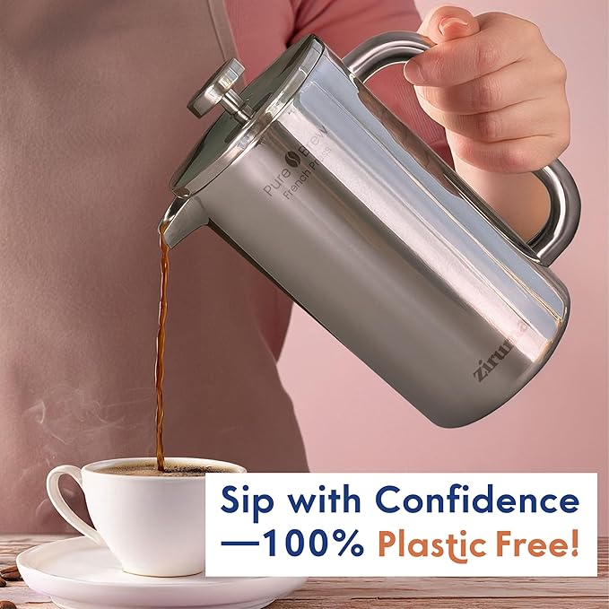 Ziruma Non-Toxic French Press, Surgical Stainless Steel Coffee Press, Plastic-Free, Heavy Metal-Free, No Endocrine Disruptors, 34 Oz, Double Wall, 4-Layer Filter, Portable Coffee Maker