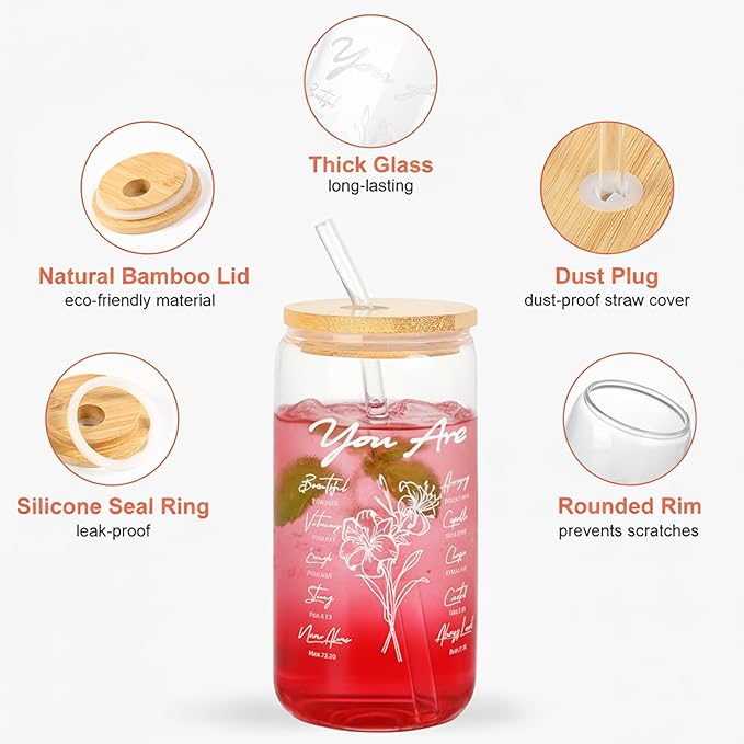 Christian Gifts For Women, Bible Verse Glass Cup with Lid & Straw 16oz Coffee Mugs Tumbler for Birthday Thanksgiving Christmas Gift for Mom Wife Sister Friends Teen Girls