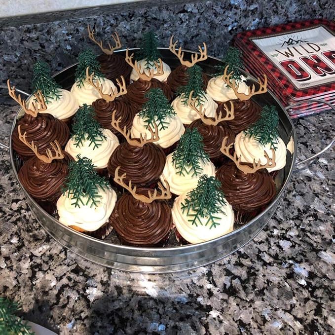 Deer Cupcake Toppers Wooden Baby Shower Woodland Antler Cake Picks Party Decorations Wedding Hunting Boho Rustic Country Birthday Party Supplies Set of 24