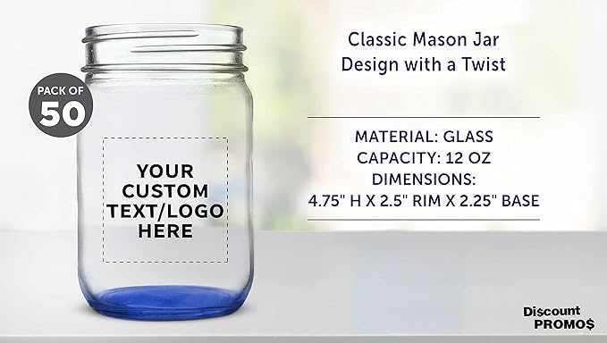 DISCOUNT PROMOS Custom Decorating Mason Jars 12 oz. Set of 50, Personalized Bulk Pack - Glass Jars for Overnight Oats, Candies, Fruits, Pickles, Spices, Beverages - Blue