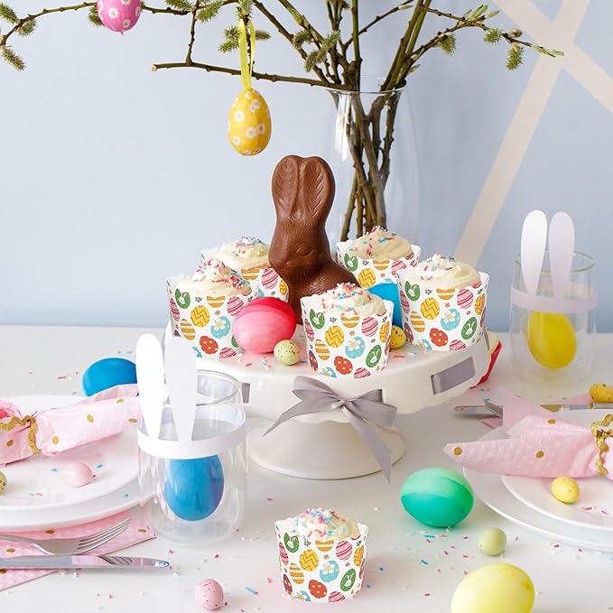 Whaline 100Pcs Multicolor Easter Paper Baking Cups with Easter Egg Bunny Flower Design, Disposable, 9 x 3.5 Inch