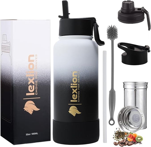 Lexlion 32 Oz Triple Walled Insulated Stainless Steel Fruit Infuser Water Bottle, Leakproof, 3 Lids, Infuser, Silicone Sleeve