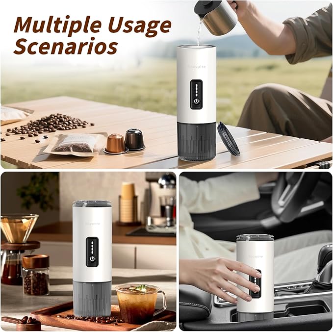 Stainless Steel Portable Espresso Maker | 7500mAh Rechargeable Battery | 20 Bar Self-Heating with USB-C | Works with Most Capsules Compatible for Camping, Travel, Outdoor (White)