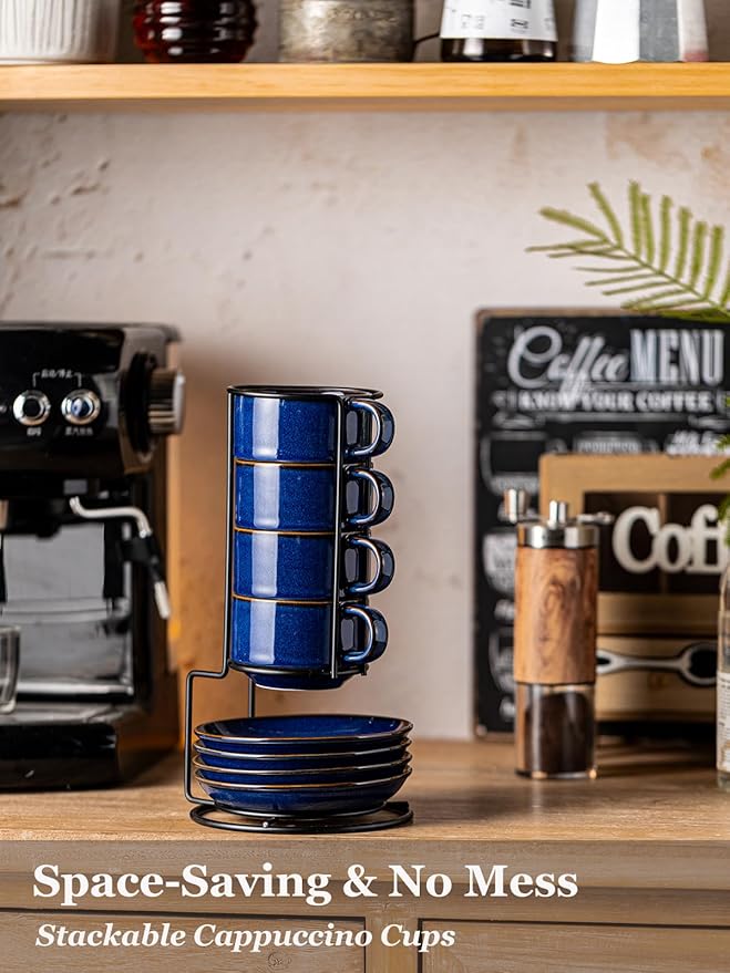 Gomakren 6 Ounce Cappuccino Cups with Saucers and Metal Stand, Stackable Coffee Cup Set of 4, Porcelain Espresso Cups for Coffee Drinks, Cappuccino, Latte, Americano, Tea, Cobalt Blue
