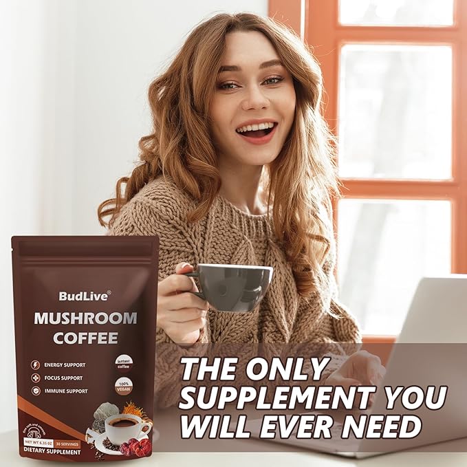 Organic Mushroom Coffee with Lion's Mane, Reishi & Cordyceps – 6 Mushroom Adaptogen Blend for Focus, Energy, Digestion & Immune Support, Low Acid Instant Coffee Powder, 30 Servings