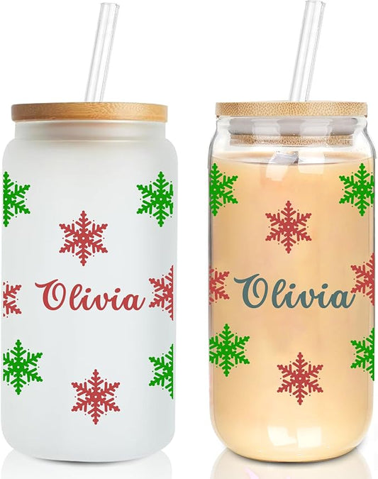 Personalised Christmas Cup, 18oz Clear Glass Cups with Lids and Straws，Cute Cups for Women，Snowflake Design, Reusable Drinking Cup with Bamboo Lids, Christmas Gifts for Men, Women and Friends