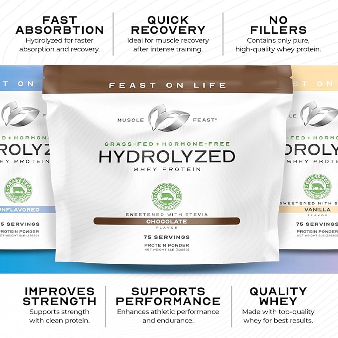 Muscle Feast Hydrolyzed Whey Protein Powder, Grass Fed and All Natural Hormone-Free, Hydro Whey Powder for Men and Women, Gluten Free, Non-GMO, Delicious Hydrolyzed Protein Powder, Vanilla, 2lb