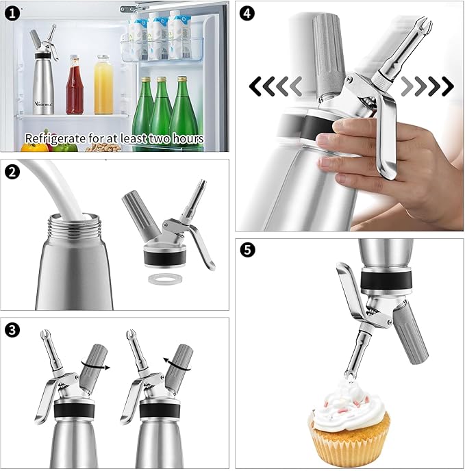 Professional Whipped Cream Dispenser, Durable Aluminum Cream Whipper with 2 Sets of Stainless Steel and Plastic Tips & Cleaning Brush,1-Pint / 500 ML