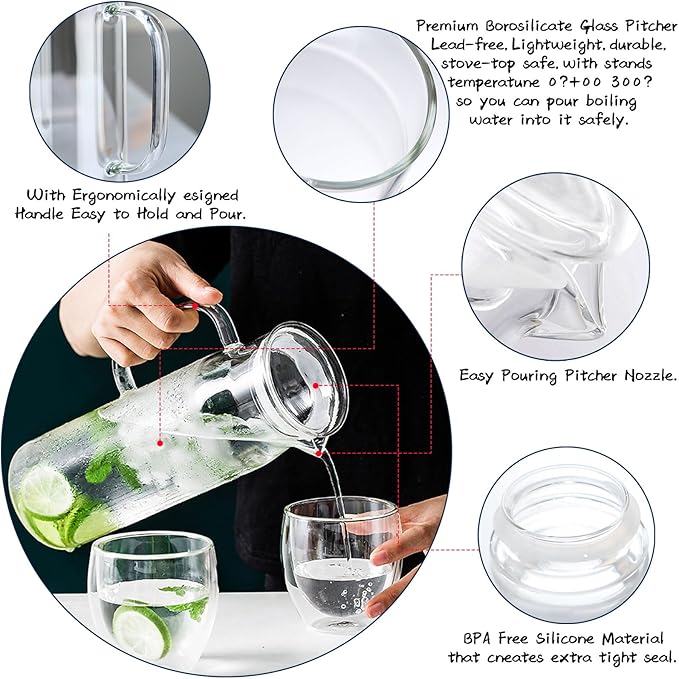hjn Glass Water Pitcher with Lid Glass Carafe with Handle, Fridge Water Jug for Cold or Hot Beverages,Iced Tea,Milk,Juice 1500ml/51oz & glass lid