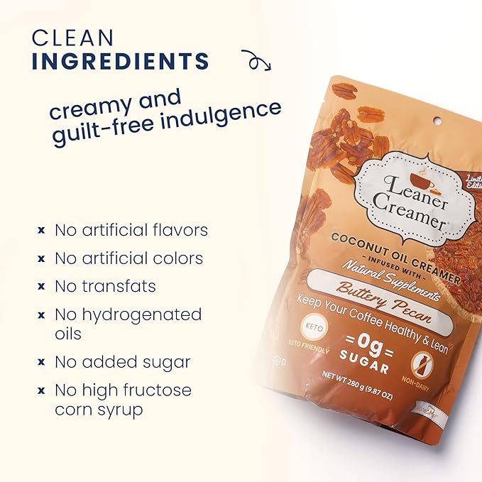 Leaner Creamer Non-Dairy Sugar Free Coffee Creamer Powder. Perfect Coconut Oil Non-Dairy Powder To Naturally Cream and Sweeten Coffee, Smoothies, Protein Shakes & More! Ideal Flavoring For All Diets (Buttery Pecan Pouch (9.87 oz))