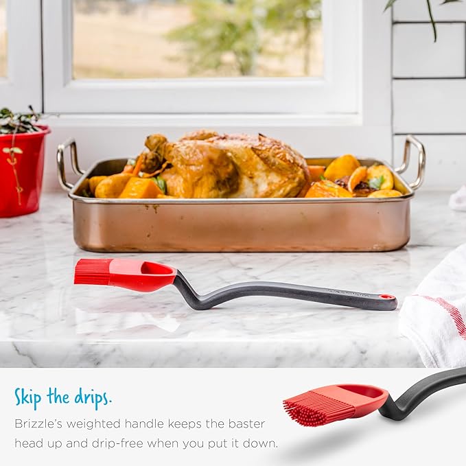 Dreamfarm Brizzle 3-In-1 Flexible Silicone Sit-Up Basting, Drizzle, Scooping Brush with In-Built Sauce Resevoir - Red