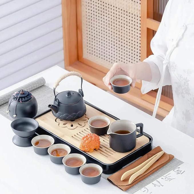 ICHAG Japanese & Chinese Tea Set, Adults' Portable Gongfu Tea Set with Teapet with Porcelain Teapot, 8oz Teapot,14-Piece 茶具 for Home/Outdoor/Office Gifts (Gray)