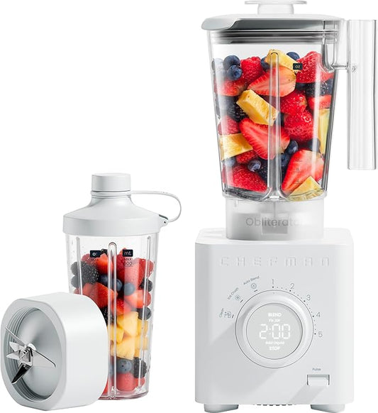 Chefman Obliterator 48 oz Countertop Blender for Smoothies, 1380W Motor to Crush Ice, Nuts, and Frozen Fruit with Stainless Steel Blade, Auto Blend Function, Includes 20 oz Travel Jar
