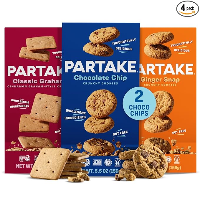 Gluten Free Partake Crunchy Cookies Variety Pack (Chocolate Chip, Ginger Snap, Graham Cracker) - Vegan - Free From the Top 9 Allergens Including Dairy, Wheat, Soy, Eggs, & Peanuts - Non GMO - Safe School & Office Snack (4 Pack, 5.5oz Boxes)