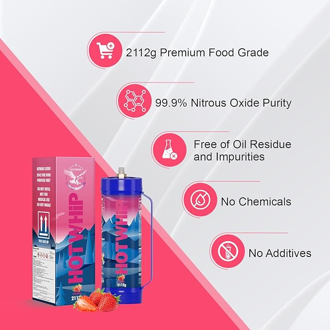 whipped cream charger,4x2112g 3.3L Strawberry Flavor 99.99% Purity Food Grade Premium Whip Cream Cartridge With Nozzle（4,2112g Strawberry)