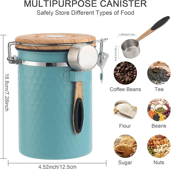 TEDSWAIT Coffee Canisters Airtight Coffee Bean Storage Container Kitchen Stainless Steel Food Storage Container with Scoop Date Tracker & CO2 Valve 61Fl Oz (Lake Blue)