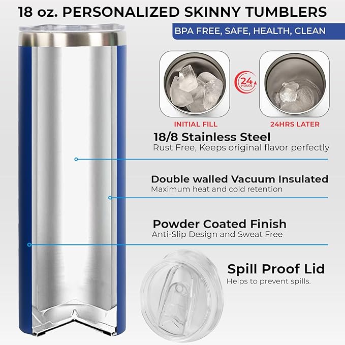 Personalized Skinny Tumbler 20oz with Slider Lid and Staw by iProductsUS - Personalized Laser Engraved Stainless Steel Custom Vacation Mug, 10 colors and 25 Designs, (Royal Blue)