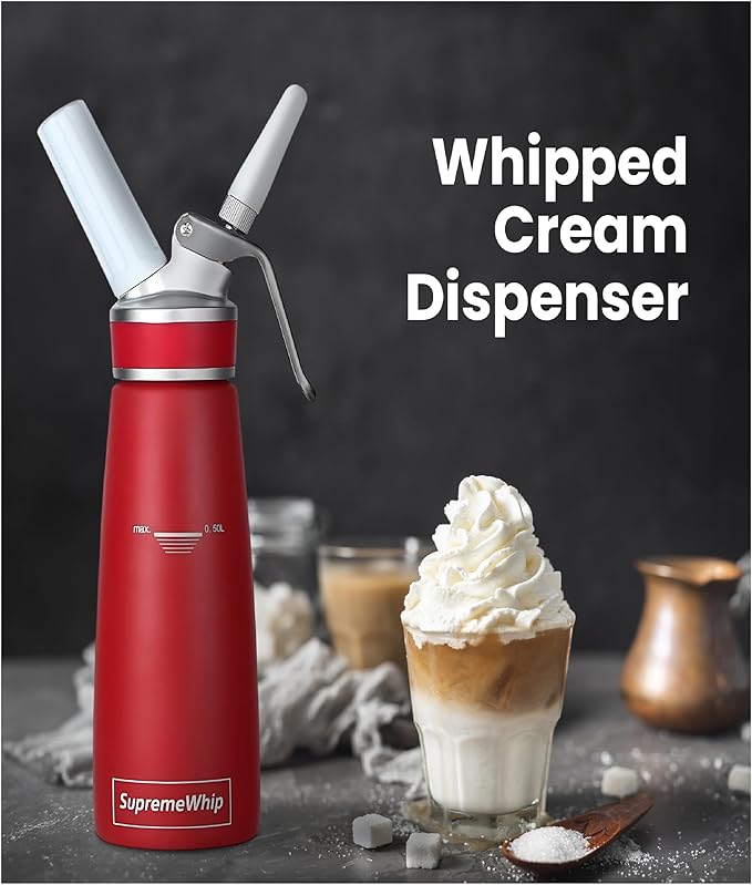 PRO Cream Dispenser, Durable High-Grip, Metal Lid with Rubber, 3 Nozzles, for Hot/Cold Use, Cleaning Brush Included, Red - 500 ml / 1 Pint