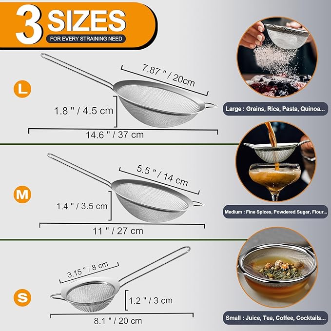 Anaeat Fine Mesh Strainers - Premium Stainless Steel Colander Sieve Sifters, with Durable Mesh and Sturdy Handle, Excellent for Sifting Dry ingredients, Flour, Pastas, Rice, Tea (3.15"+5.5"+7.87")