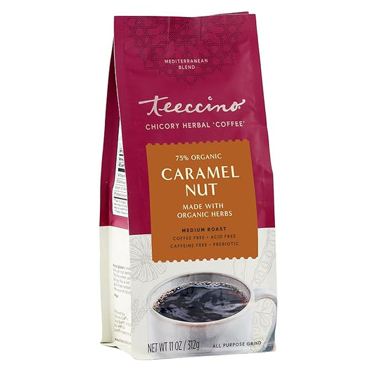 Teeccino Caramel Nut Chicory Coffee Alternative - Ground Herbal Coffee That’s Prebiotic, Caffeine Free & Acid Free, Medium Roast, 11 Ounce