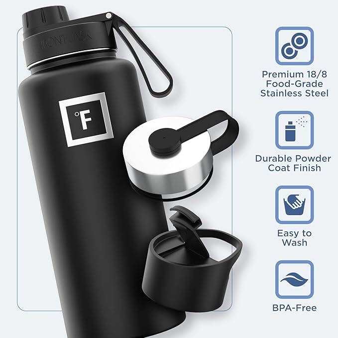 IRON °FLASK Camping & Hiking Hydration Flask with 3 Lids - Stainless Steel, Double Walled & Vacuum Insulated Water Bottle - Leak Proof & BPA Free (Dark Night, Spout - 32 oz)