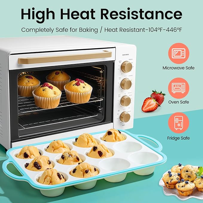 Silicone Muffin Pans for Baking 1 Pack, 2.6 Inch with Metal Reinforced Frame, Regular Size Nonstick Cupcake Pan 12 Cups for Baking Homemade Muffins, Dishwasher Safe BPA Free-Blue