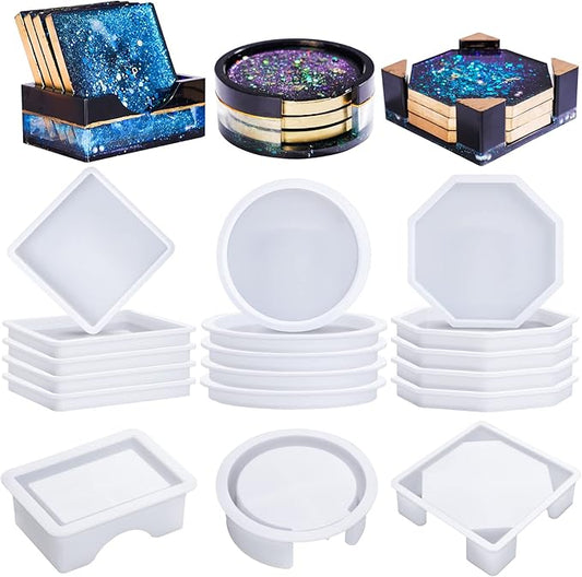 LET'S RESIN 18 Pcs Coaster Resin Molds Silicone, Coaster Molds with Round Square Octagon Shape Holder Molds for Epoxy Resin, DIY Art Craft Cup Mats