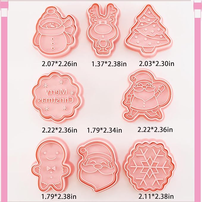8Pcs Christmas Cookie Cutters, 3D Plastic Snowflake, Santa, Tree, Snowman Design Biscuit Mould and Cutters