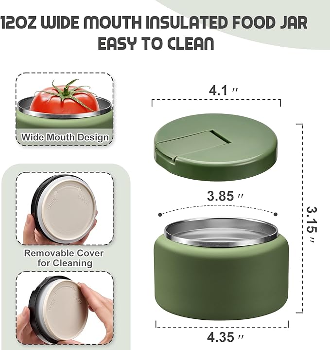 13.5oz Soup Thermo for Hot Food Kids with Buckle Lid Insulated Vacuum Food Jar Wide Mouth Leakproof Stainless Steel Lunch Container (Green)