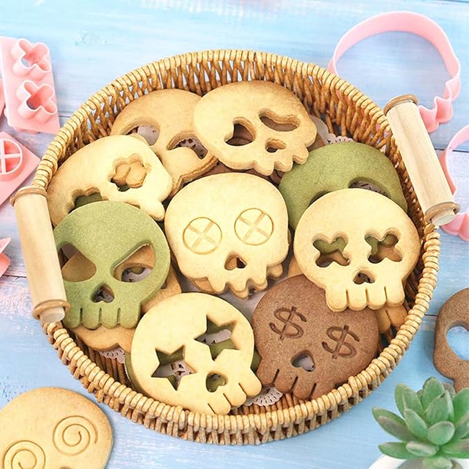 Mini Skull Cookie Cutter Set, Interchangeable DIY Halloween & Día de los Muertos Biscuit Stamps, 3D Raised Design Molds for Cookie Decorating, Cupcakes, Day of the Dead Pastries & Party Treats