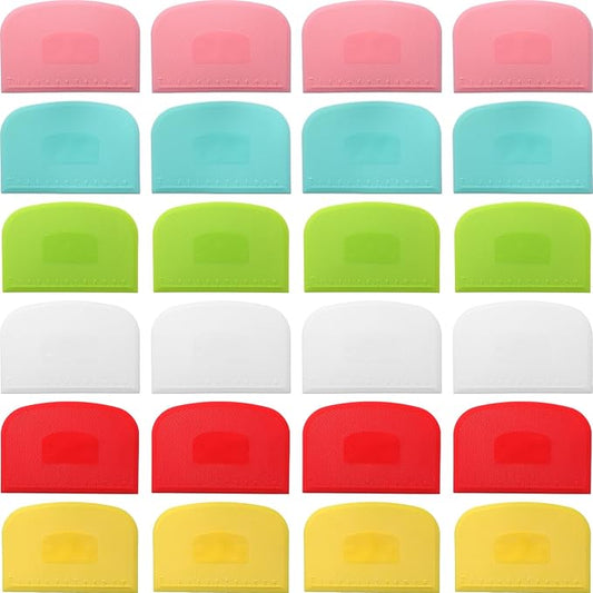 Uiifan 24 Pcs Plastic Bench Scraper with Scale Flexible Dough Multipurpose Cake Cutter Pizza Dough Spatula Food Scraper Tool Gift for Bread Pastry Fondant Icing, 6 Colors