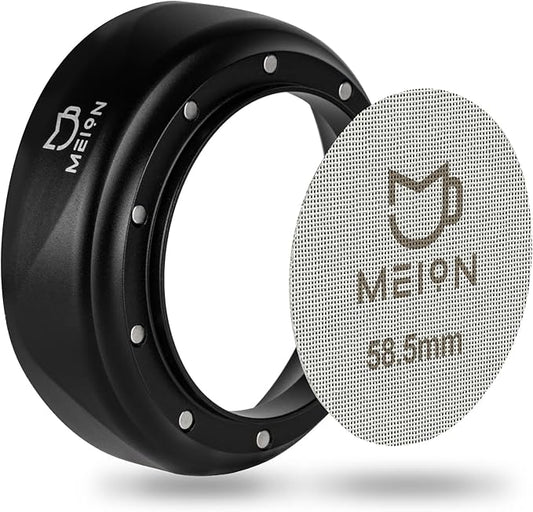 MEION 58mm Espresso Dosing Funnel and 58.5mm Puck Screen Set for 58mm Portafilters, Magnetic Coffee Portafilter Funnel, Reusable Espresso Puck Screen, Espresso Tools Espresso Accessories (58mm, Black)