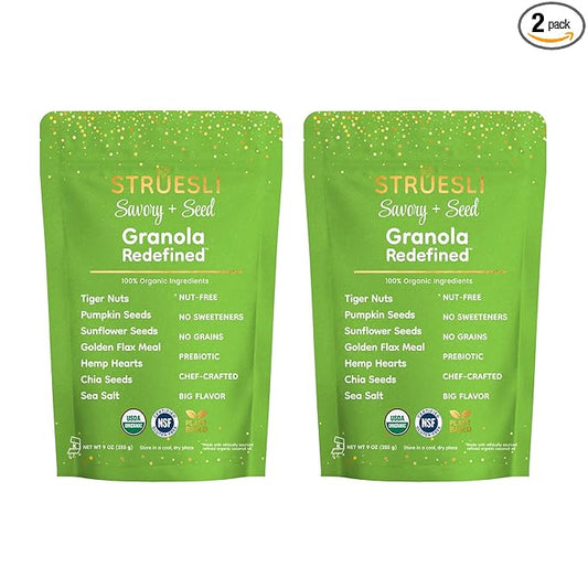 Struesli Savory + Seed Organic Granola, Nut, Grain & Gluten Free, Healthy Snacks with Pumpkin, Sunflower & Chia Seeds, Hemp Hearts, Flax, Tiger Nuts & Sea Salt, Plant Based, Keto & Paleo, 9 Oz, 2 Pack