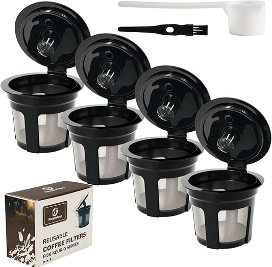 4-Pack Roogaluckeep Reusable K Cup for Keurig, Black BPA Free Refillable K-Cup Pod Coffee Filters, Universal Fit Refillable Coffee Filters for 1.0 and 2.0 Keurig Coffee Makers
