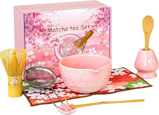 8 Pcs Matcha Whisk Set: Pink Matcha Tea Set Includes Ceramic Bowl, Whisk and Holder, Bamboo Scoop, Scoop Rest, Sifter and Tea Towel - Matcha Making Kit for Matcha Lovers