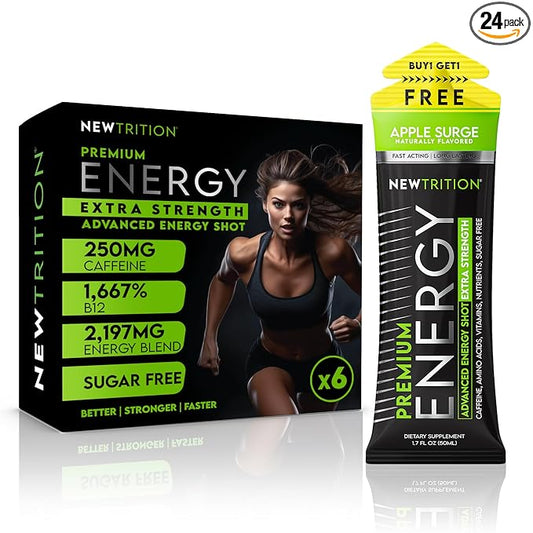 NewTrition® Extra Strength Energy Shots, 250mg Caffeine Energy Shots with Vitamin B & Amino Acids, Sugar-Free Vitamin Energy Shot, 1.7 fl oz (Pack of 6, Apple Surge)