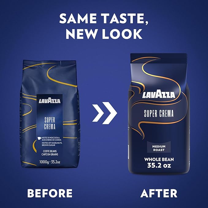 Lavazza Super Crema Whole Bean Coffee, Medium Espresso Roast, Arabica and Robusta Blend, 2.2 lb Bag (Pack of 8)