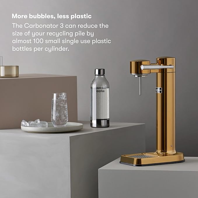 Aarke Carbonator lll with CO2 Cylinder, Sparkling & Carbonation Water Machine, Stainless Steel with PET BPA-Free Reusable Bottle Volume 1L/34 fl oz (Gold)