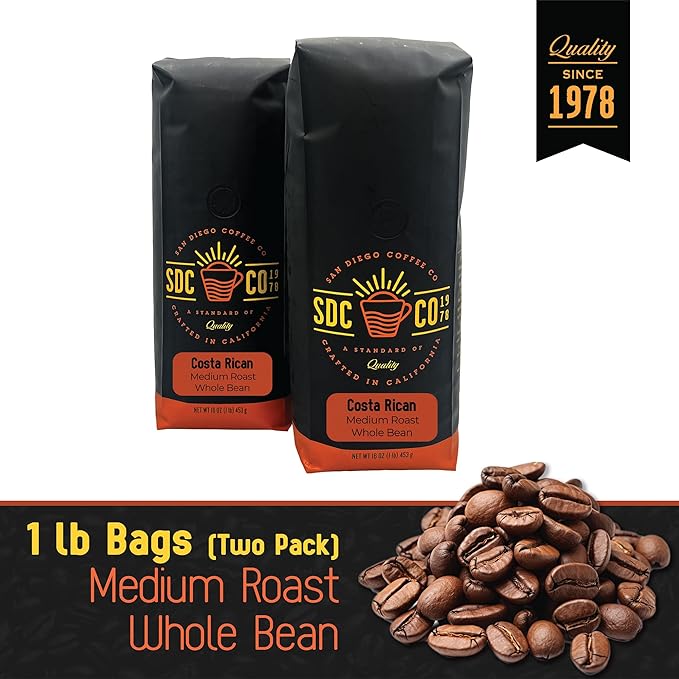 San Diego Coffee Costa Rican, Medium Roast, Whole Bean Coffee, 16-Ounce Bags (Pack of 2) Café en grano tostado